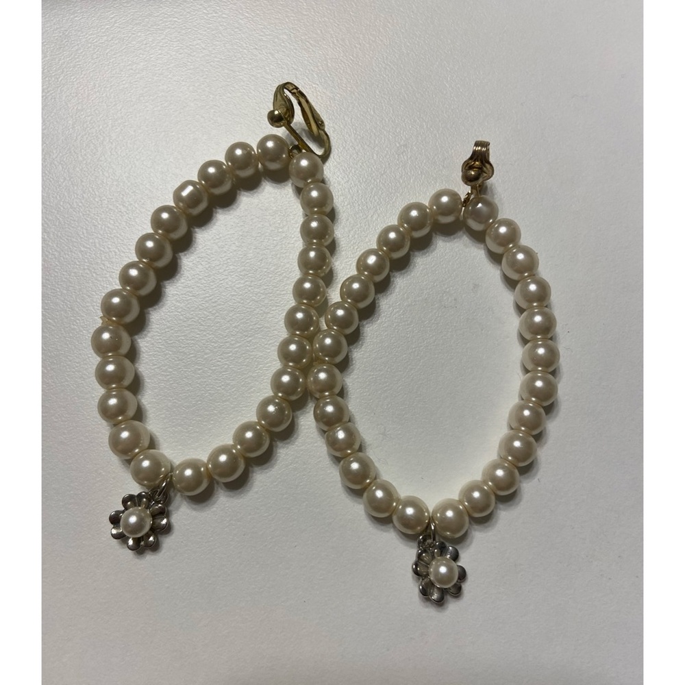 Boutique Pearl Clip On Earrings with Floral Dangling Charms